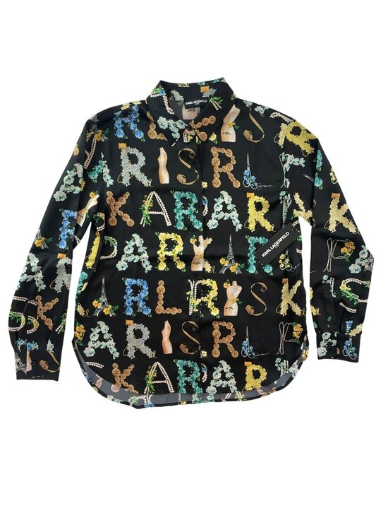 Karl Lagerfeld Tops - Karl Lagerfeld Paris Black Floral Alphabet Button-Up Shirt Wmns Sz S NWT MSRP$99